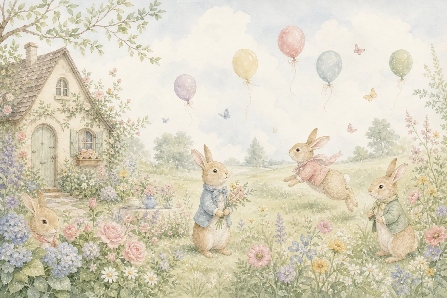 Whimsical Storybook Bunny Garden Cottage Mural