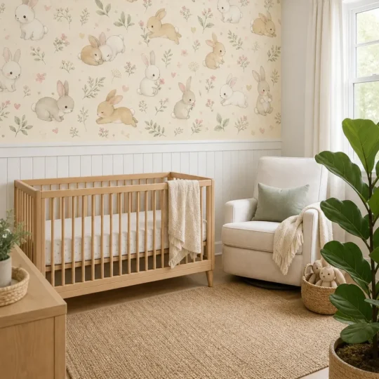 A Scandinavian nursery scene featuring cream kawaii bunny flower wallpaper above white modern wainscoting.