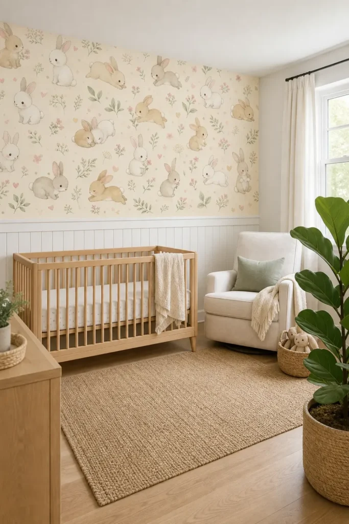 A Scandinavian nursery scene featuring cream kawaii bunny flower wallpaper above white modern wainscoting.