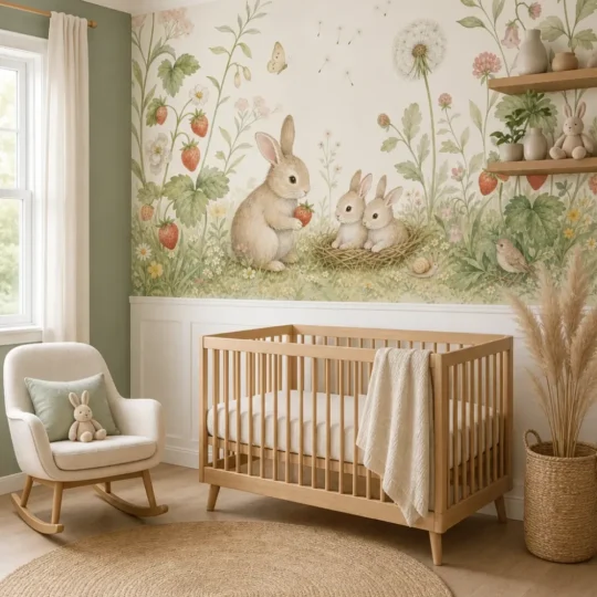 A Scandinavian nursery featuring a woodland strawberry bunny garden mural above white wainscoting.