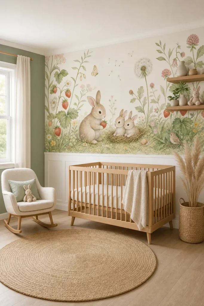 A Scandinavian nursery featuring a woodland strawberry bunny garden mural above white wainscoting.