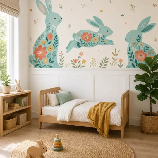 A modern Scandinavian nursery featuring an aqua floral rabbit decal mural above white wainscoting and a natural oak toddler bed.