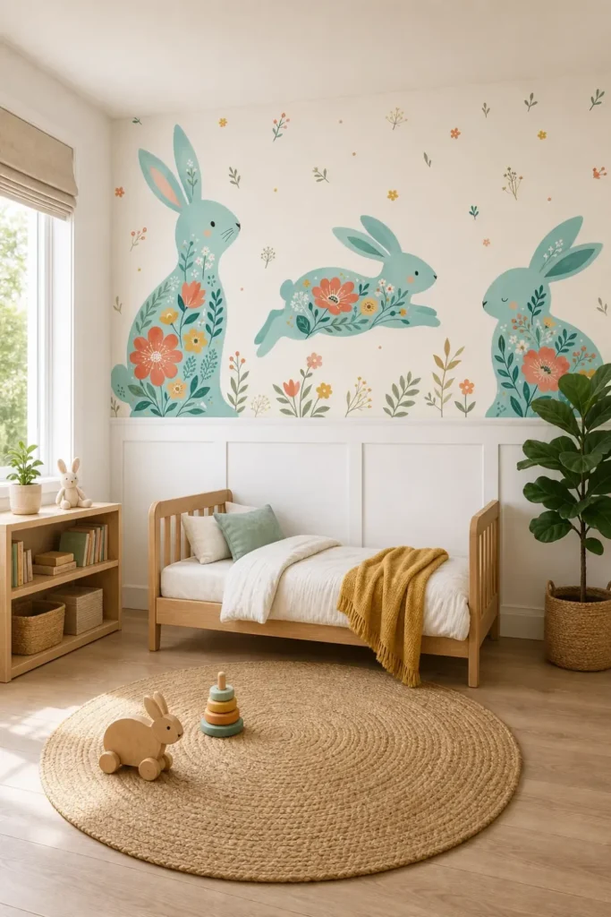 A modern Scandinavian nursery featuring an aqua floral rabbit decal mural above white wainscoting and a natural oak toddler bed.