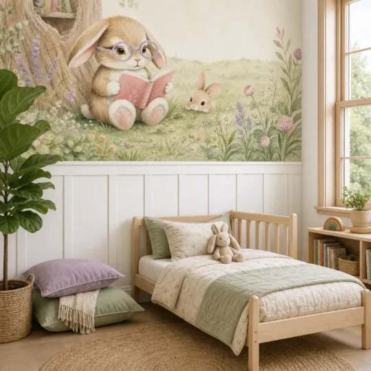 A Scandinavian kid's bedroom styled with a whimsical bunny reading tree bookshelf mural installed above white wood wainscoting.