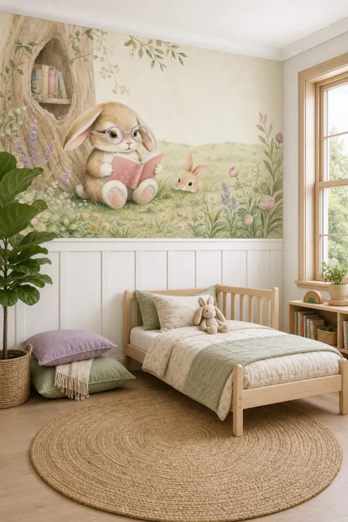 A Scandinavian kid's bedroom styled with a whimsical bunny reading tree bookshelf mural installed above white wood wainscoting.