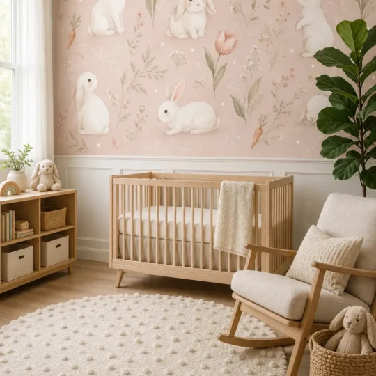 A Contemporary Nordic nursery featuring blush toile bunny wallpaper mural installed above white wainscoting behind a wooden crib.