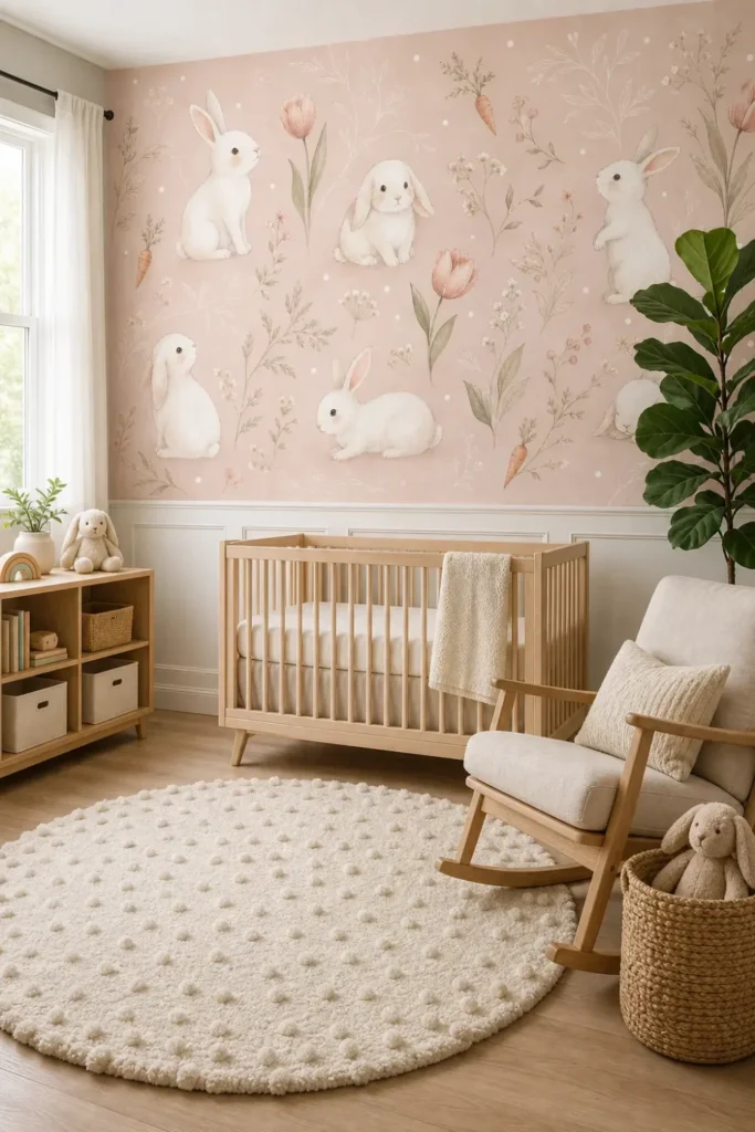 A Contemporary Nordic nursery featuring blush toile bunny wallpaper mural installed above white wainscoting behind a wooden crib.