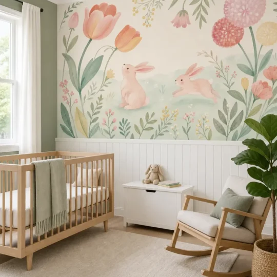 A soft pastel bunny meadow mural installed in a Scandinavian nursery above white wood wainscoting.