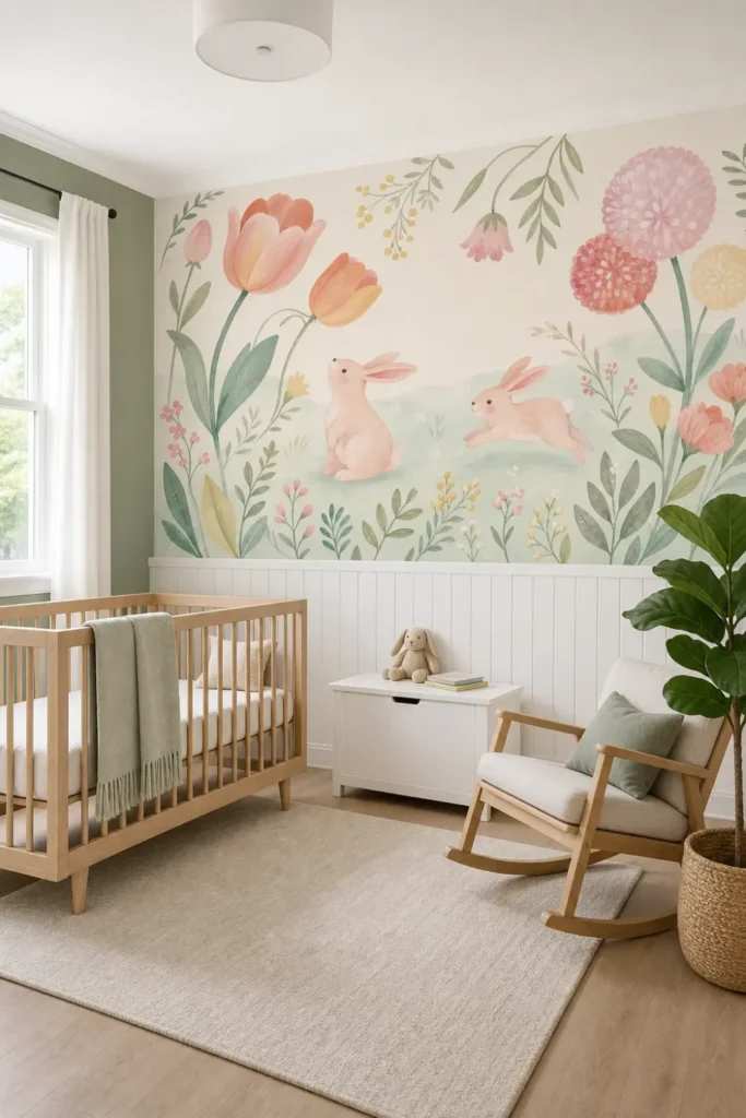 A soft pastel bunny meadow mural installed in a Scandinavian nursery above white wood wainscoting.