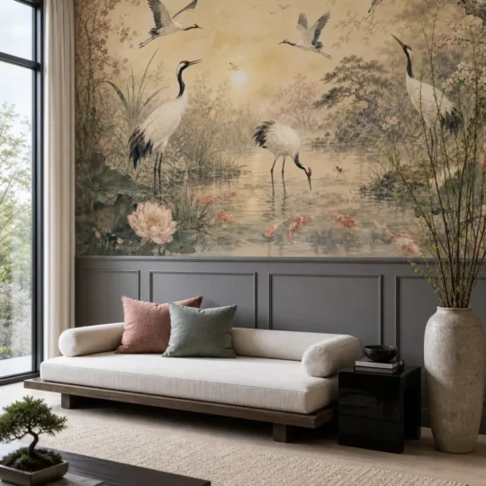 A serene Modern Zen reading nook featuring a crane and koi pond mural above elegant charcoal wainscoting.