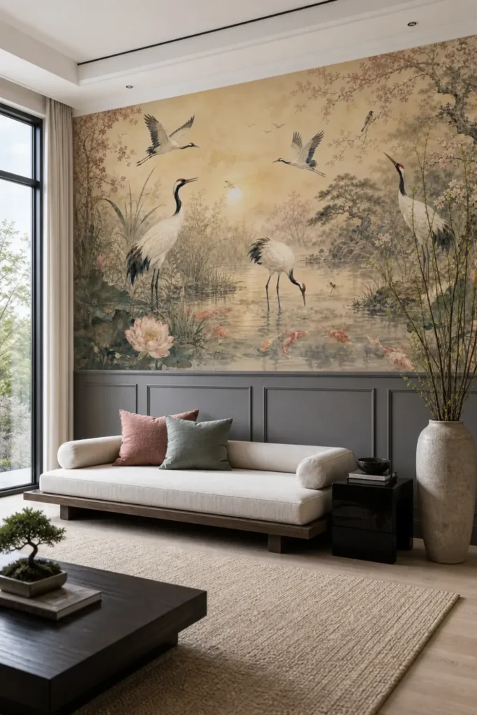 A serene Modern Zen reading nook featuring a crane and koi pond mural above elegant charcoal wainscoting.