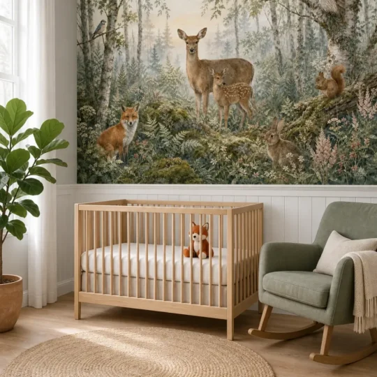 A Scandi-Modern nursery featuring a serene woodland animal mural above white wainscoting behind a light oak crib.