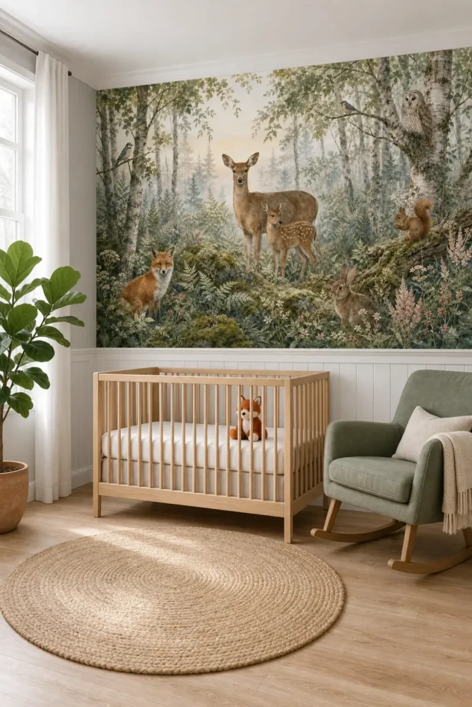 A Scandi-Modern nursery featuring a serene woodland animal mural above white wainscoting behind a light oak crib.