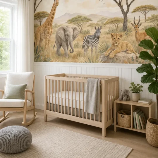 A Scandinavian style nursery featuring a gentle safari animal mural above white wainscoting with a modern crib and rocking chair.
