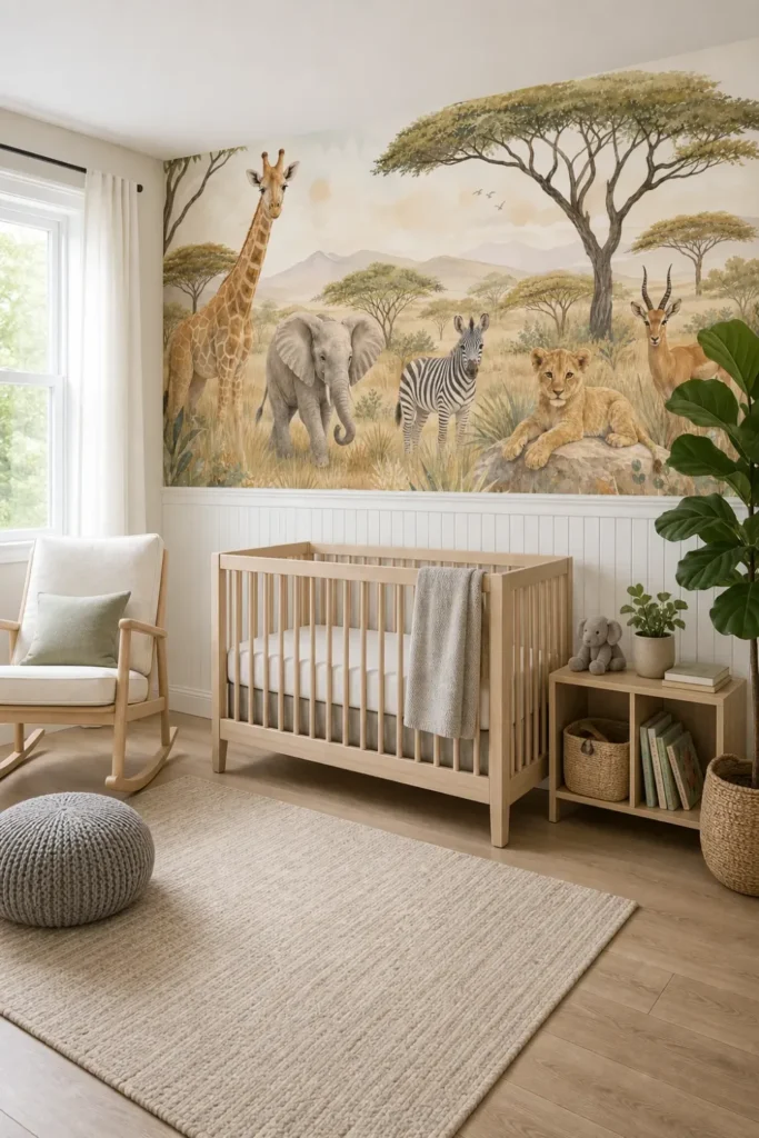 A Scandinavian style nursery featuring a gentle safari animal mural above white wainscoting with a modern crib and rocking chair.