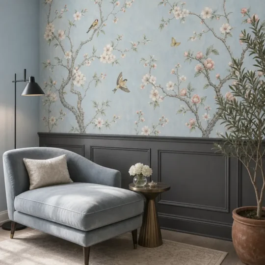 A luxurious dressing room featuring a pale blue cherry branch chinoiserie mural above dark wainscoting.