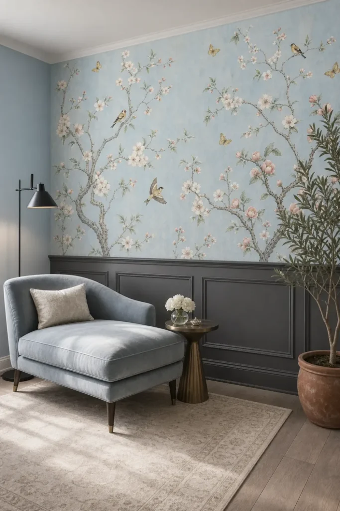 A luxurious dressing room featuring a pale blue cherry branch chinoiserie mural above dark wainscoting.