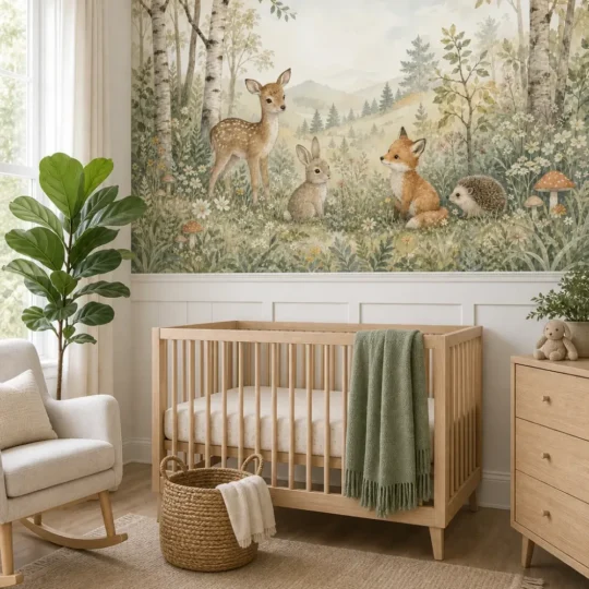 A modern Scandinavian nursery featuring a gentle woodland meadow nursery mural above white wainscoting with a wooden crib and rocking chair.