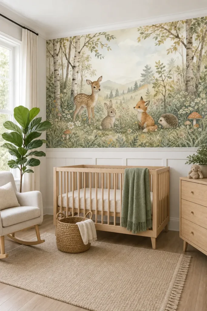 A modern Scandinavian nursery featuring a gentle woodland meadow nursery mural above white wainscoting with a wooden crib and rocking chair.