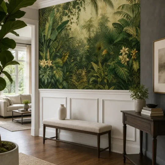 An aged emerald jungle canopy mural installed in a modern colonial hallway above white wainscoting.