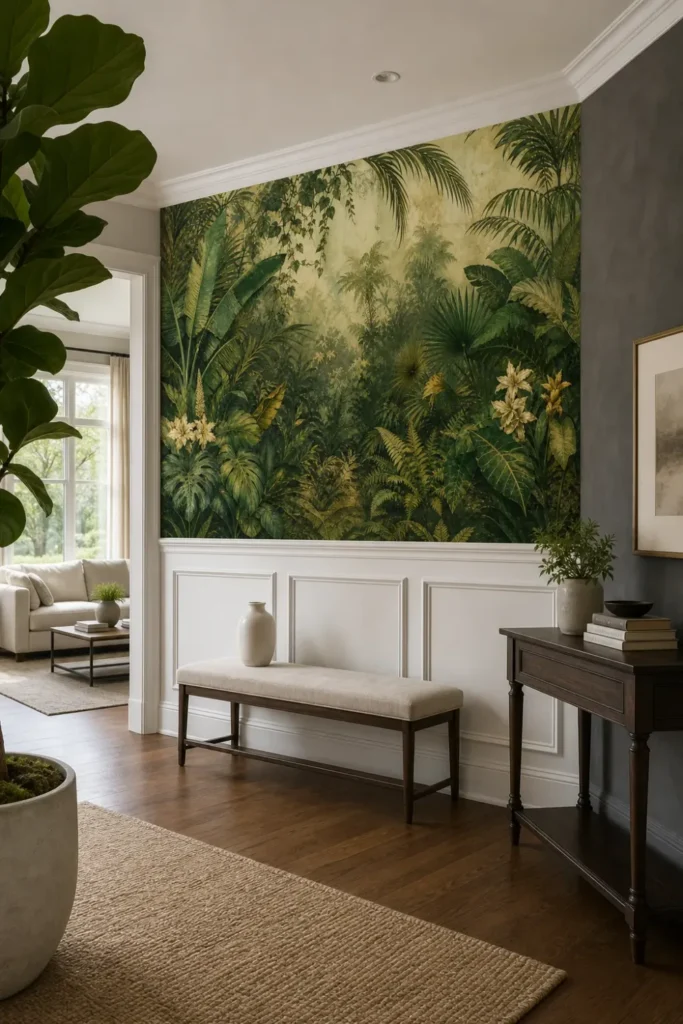 An aged emerald jungle canopy mural installed in a modern colonial hallway above white wainscoting.