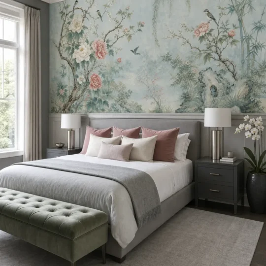 A luxury master bedroom featuring a mist blue chinoiserie peony garden mural installed above elegant gray wainscoting behind a low-profile bed.