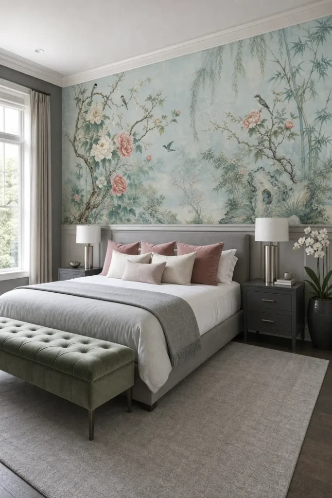 A luxury master bedroom featuring a mist blue chinoiserie peony garden mural installed above elegant gray wainscoting behind a low-profile bed.