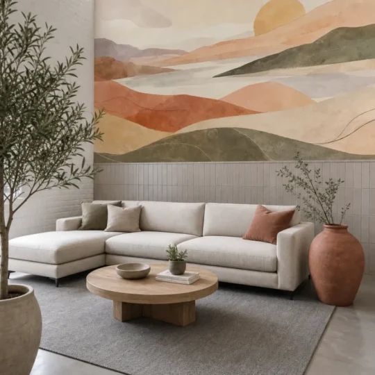 A sun washed abstract horizon mural with watercolor hills in a Scandi-industrial living room.
