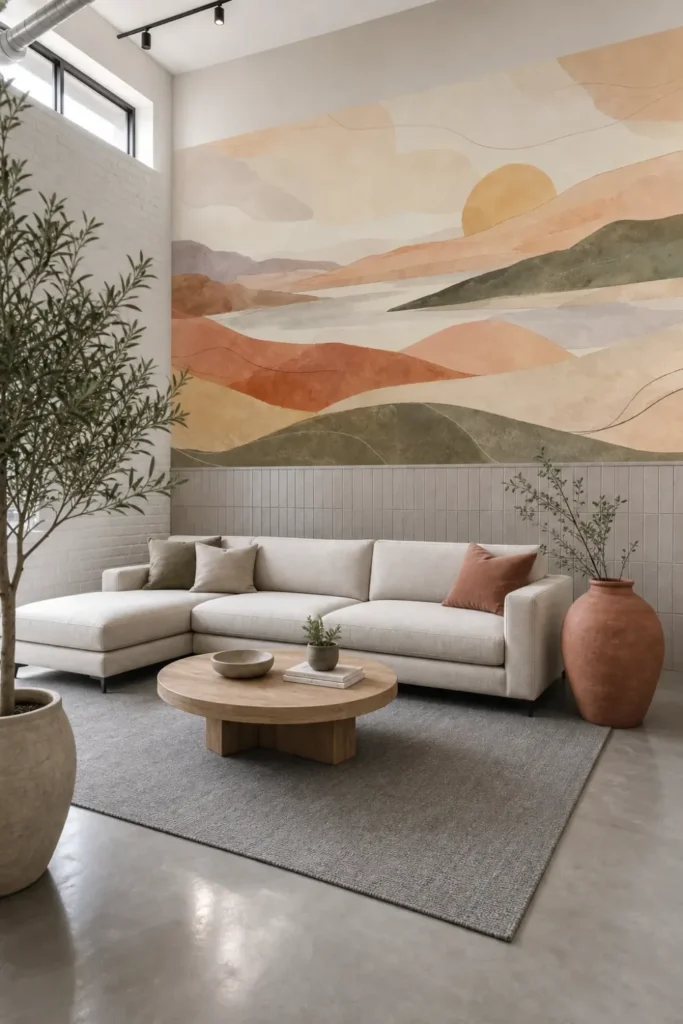 A sun washed abstract horizon mural with watercolor hills in a Scandi-industrial living room.
