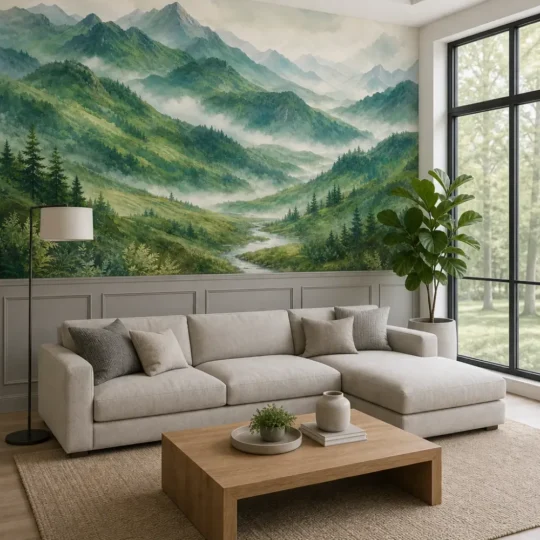 A contemporary Nordic living room featuring a mist layered emerald mountain mural above grey wainscoting.