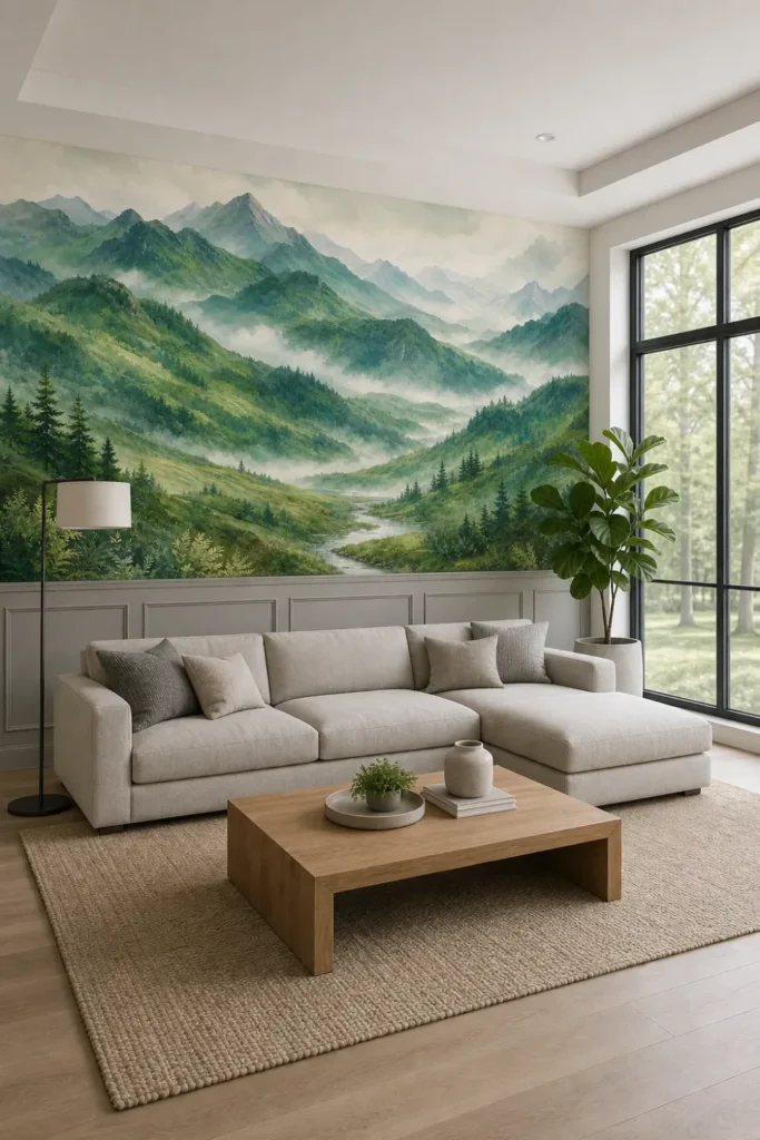 A contemporary Nordic living room featuring a mist layered emerald mountain mural above grey wainscoting.