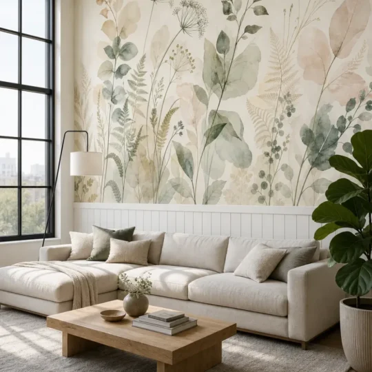 A quiet oversized botanical leaves mural with watercolor wildflowers installed in a bright Scandinavian modern loft above white wall paneling.