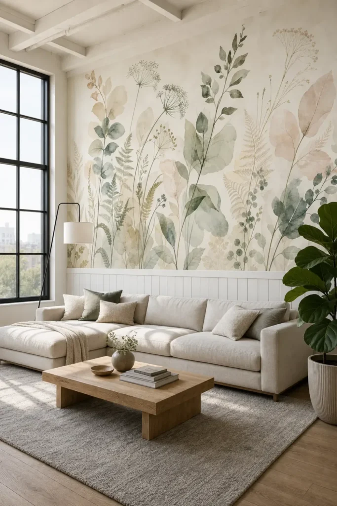A quiet oversized botanical leaves mural with watercolor wildflowers installed in a bright Scandinavian modern loft above white wall paneling.