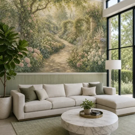 A contemporary conservatory living room featuring a dreamy garden path mural above white wainscoting on a large feature wall.