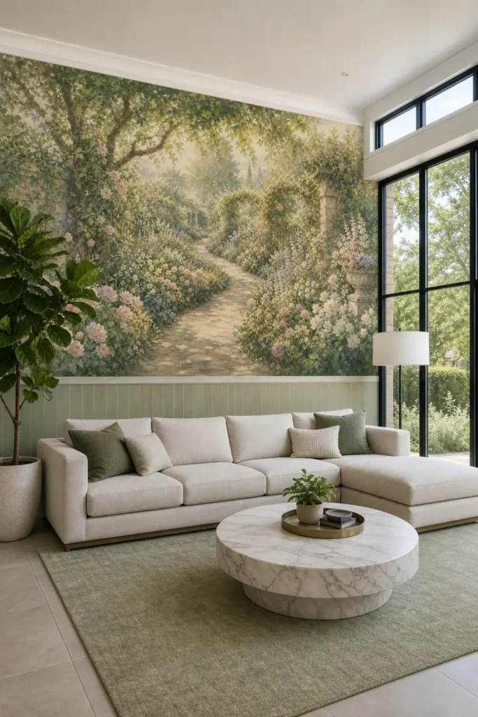 A contemporary conservatory living room featuring a dreamy garden path mural above white wainscoting on a large feature wall.