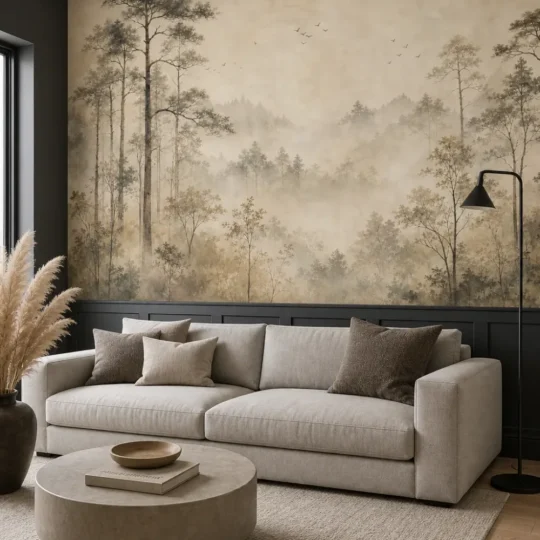 A Contemporary Nordic loft featuring a neutral oriental forest mural with misty pine trees above charcoal wall paneling.