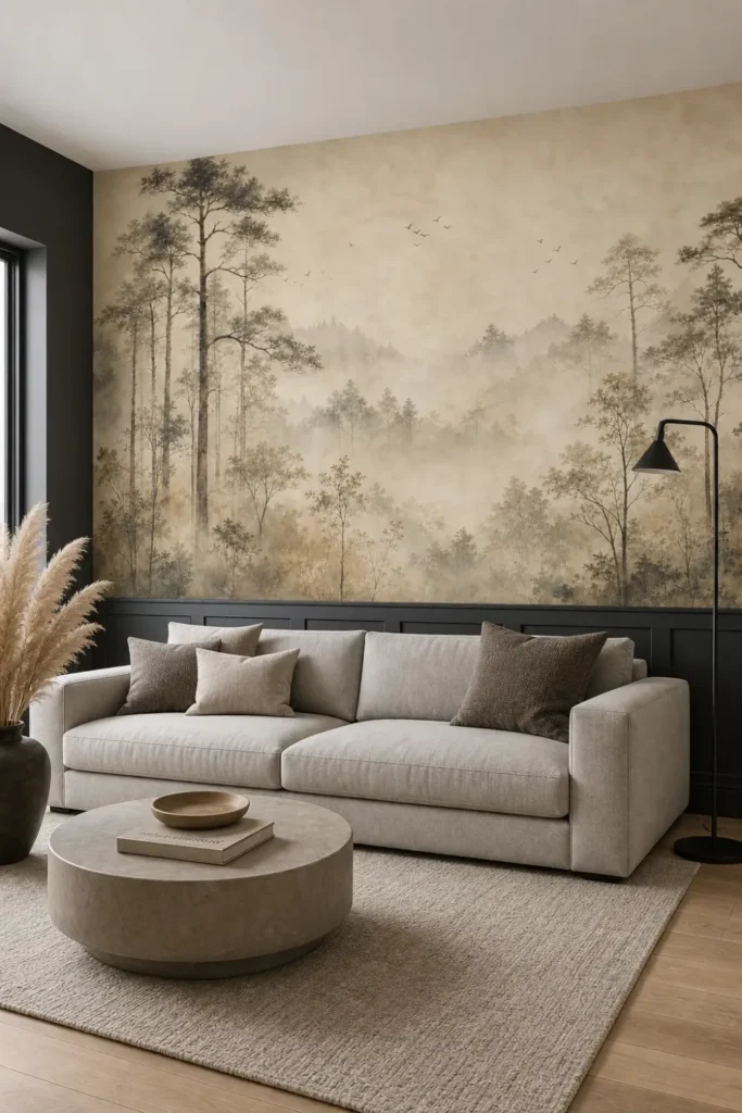 A Contemporary Nordic loft featuring a neutral oriental forest mural with misty pine trees above charcoal wall paneling.