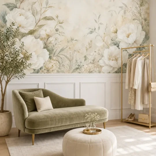 A modern transitional dressing room featuring a cream white botanical floral mural above elegant white wainscoting.