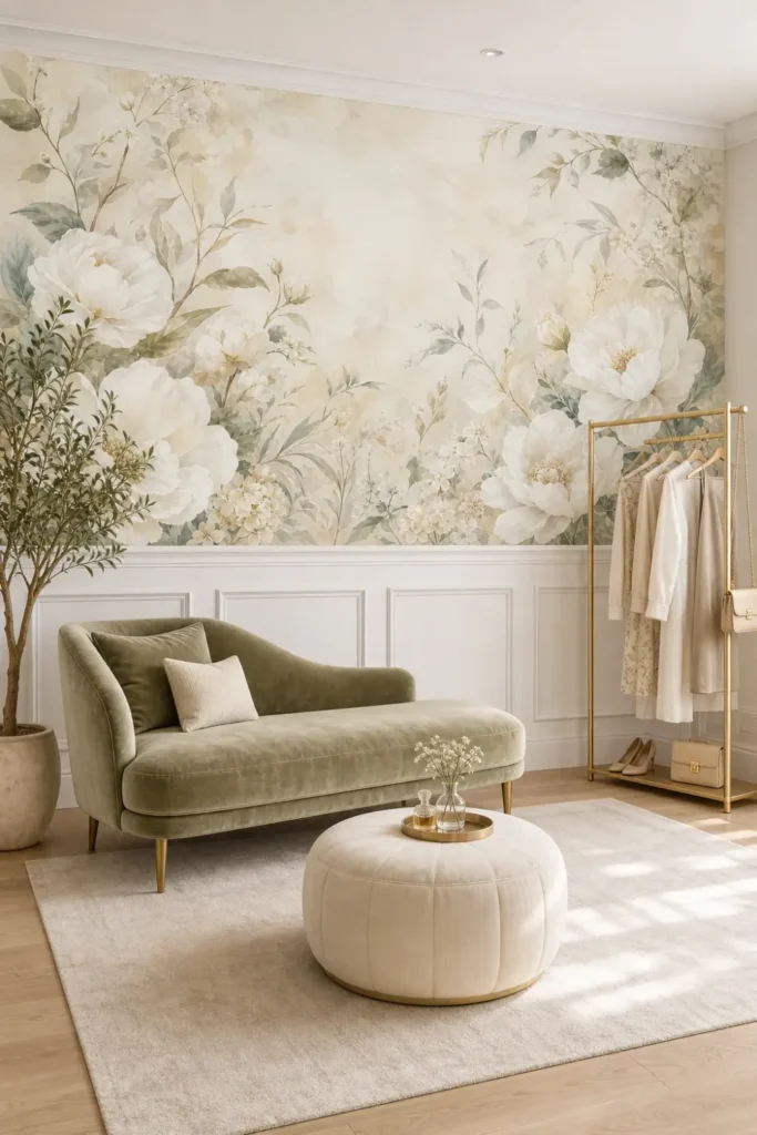 A modern transitional dressing room featuring a cream white botanical floral mural above elegant white wainscoting.
