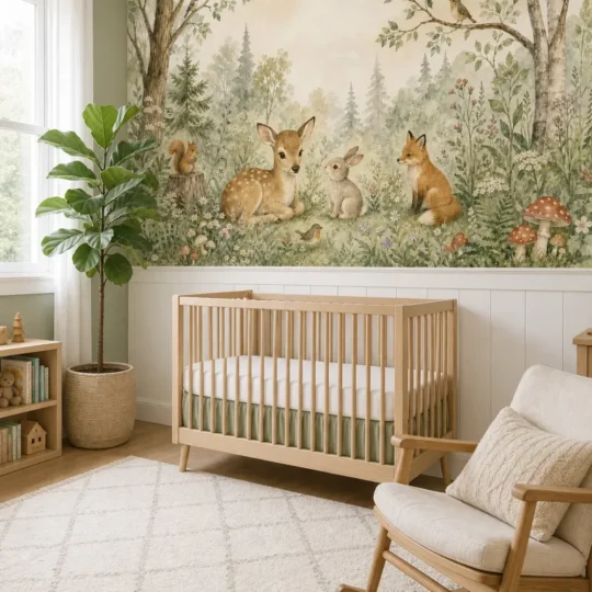 A Contemporary Nordic nursery featuring a whimsical woodland nursery animals mural installed above white wainscoting behind a modern crib.