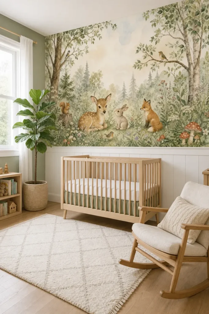 A Contemporary Nordic nursery featuring a whimsical woodland nursery animals mural installed above white wainscoting behind a modern crib.