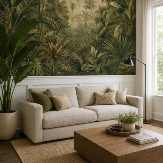 A contemporary Colonial Revival living room featuring a vintage jungle botanical mural above white wainscoting.