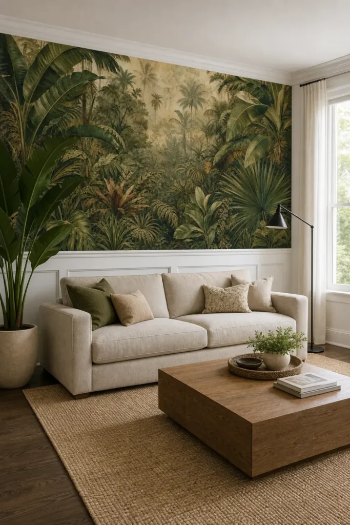 A contemporary Colonial Revival living room featuring a vintage jungle botanical mural above white wainscoting.