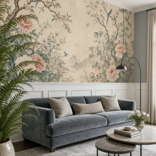 A sophisticated transitional living room featuring a garden chinoiserie mural on the upper half of a wainscoted wall behind a contemporary velvet sofa.