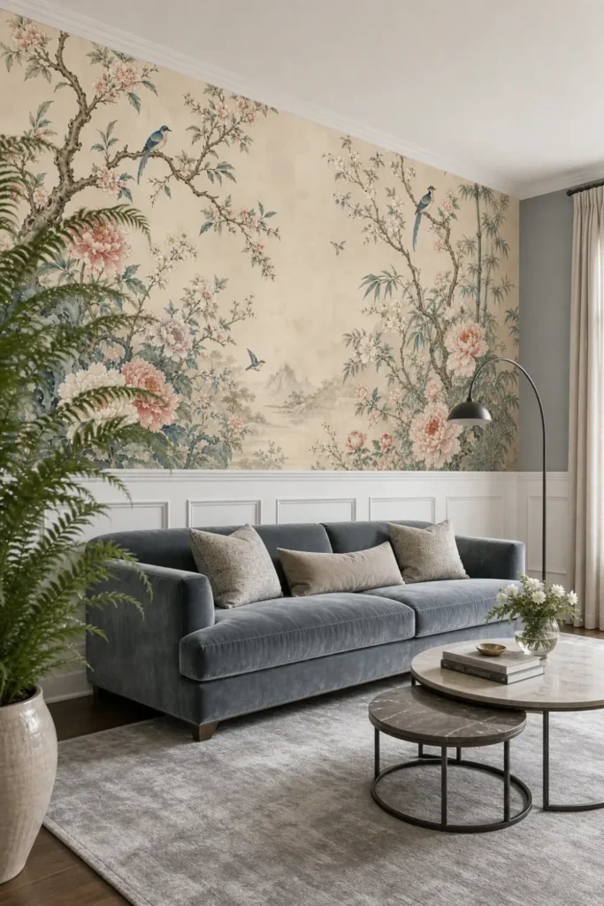 A sophisticated transitional living room featuring a garden chinoiserie mural on the upper half of a wainscoted wall behind a contemporary velvet sofa.