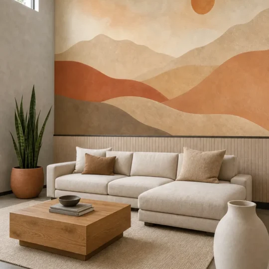 An abstract desert landscape mural featuring terracotta mountains and a minimalist sun installed in a contemporary desert modernist living room.