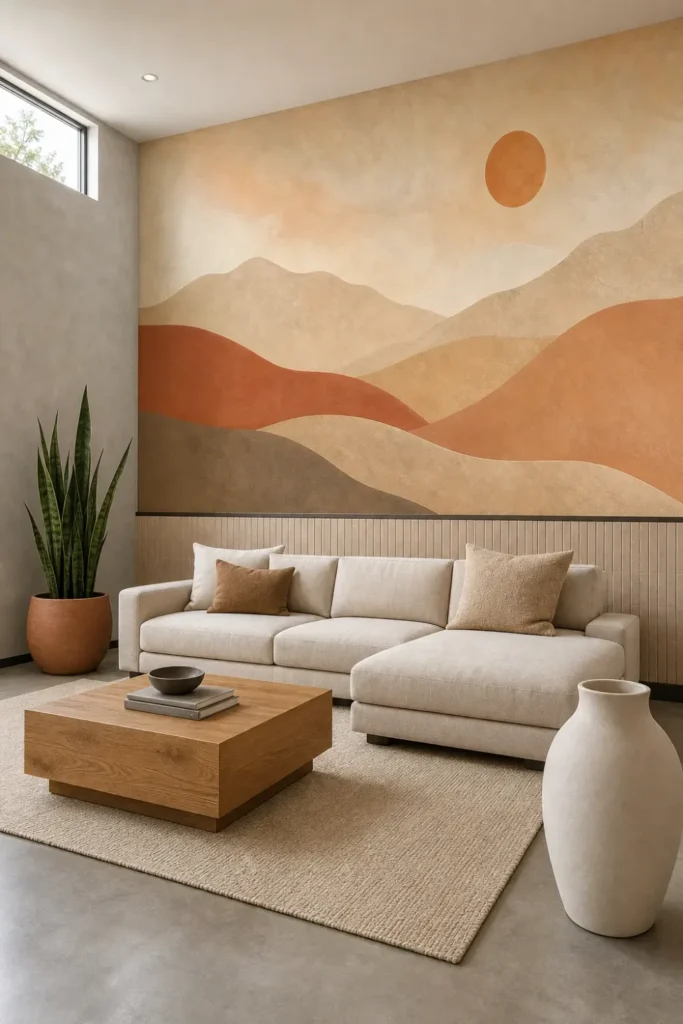 An abstract desert landscape mural featuring terracotta mountains and a minimalist sun installed in a contemporary desert modernist living room.