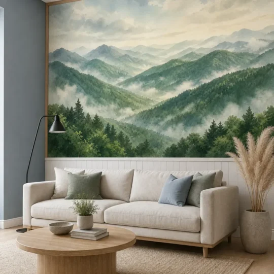 A Contemporary Nordic living room featuring a lush green mountain panorama mural on a feature wall above minimalist oak paneling.