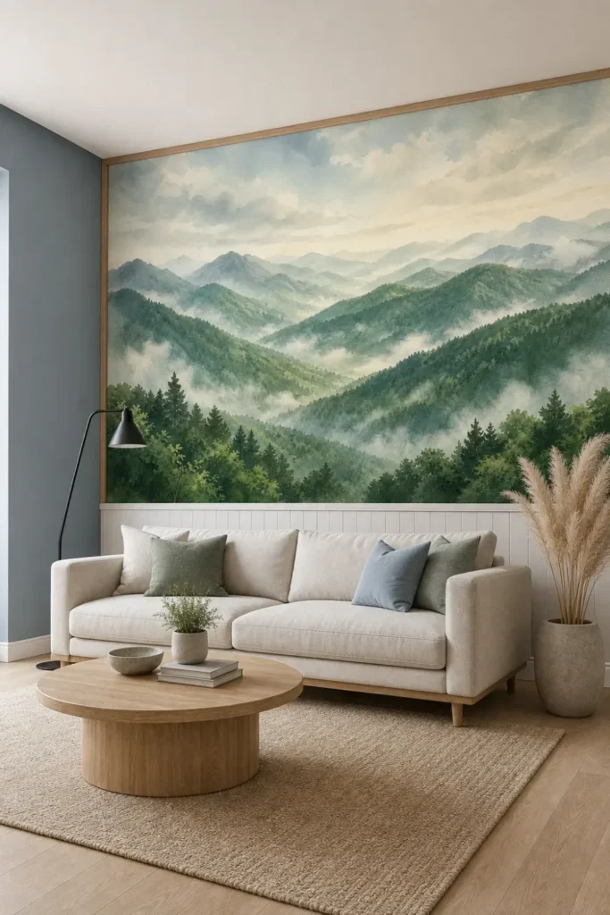 A Contemporary Nordic living room featuring a lush green mountain panorama mural on a feature wall above minimalist oak paneling.