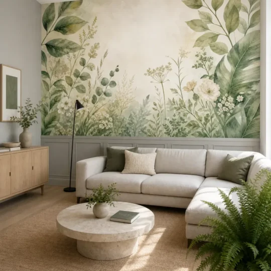 A tranquil minimalist living room featuring a large soft botanical bedroom mural with sage green leaves and cream flowers above a modern wainscoting.